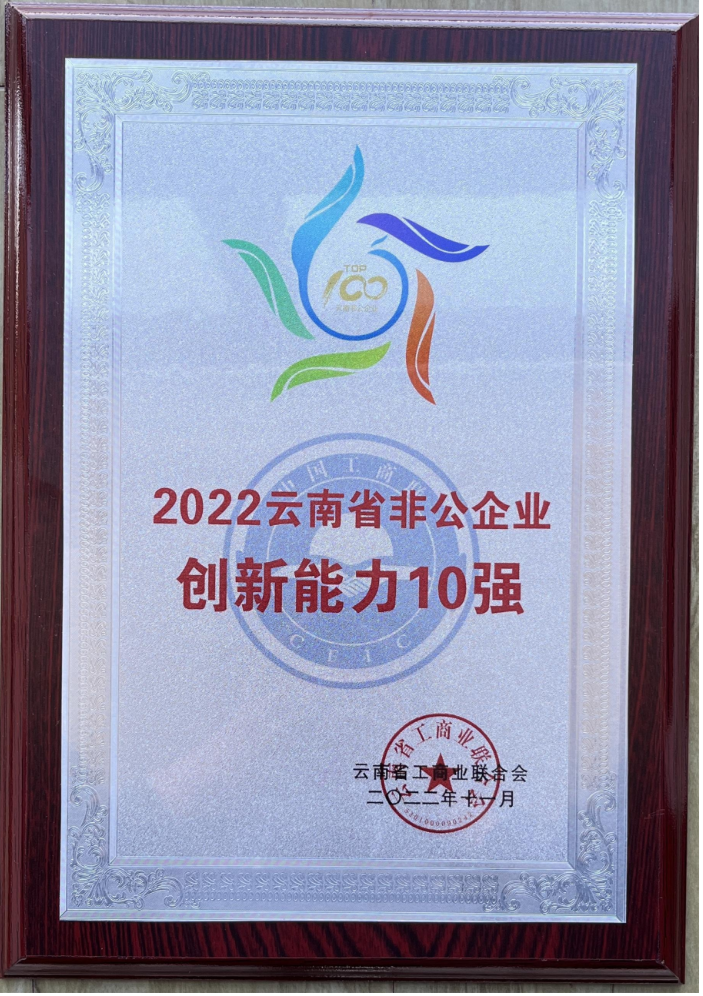 云南省非公企业创新能力10强（2022）第8位